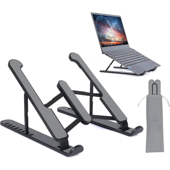 Foldable laptop stand for bed lightweight ventilate portable laptop stand with 7-Level adjustable Height for 11 - 15 Inch notebook stand ABS High Quality plastic laptop stand with aluminum center rod and non-slip silicon grip.