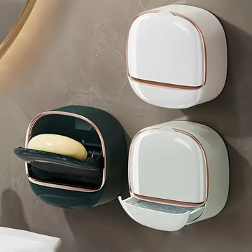 Luxury Soap Holder with Drain Tray, Waterproof Soap Dish with Drainage Box, Soap Box, Soap Dish with Lid, Wall Mounted Drain Soap Box with Flip Lid for Bathroom