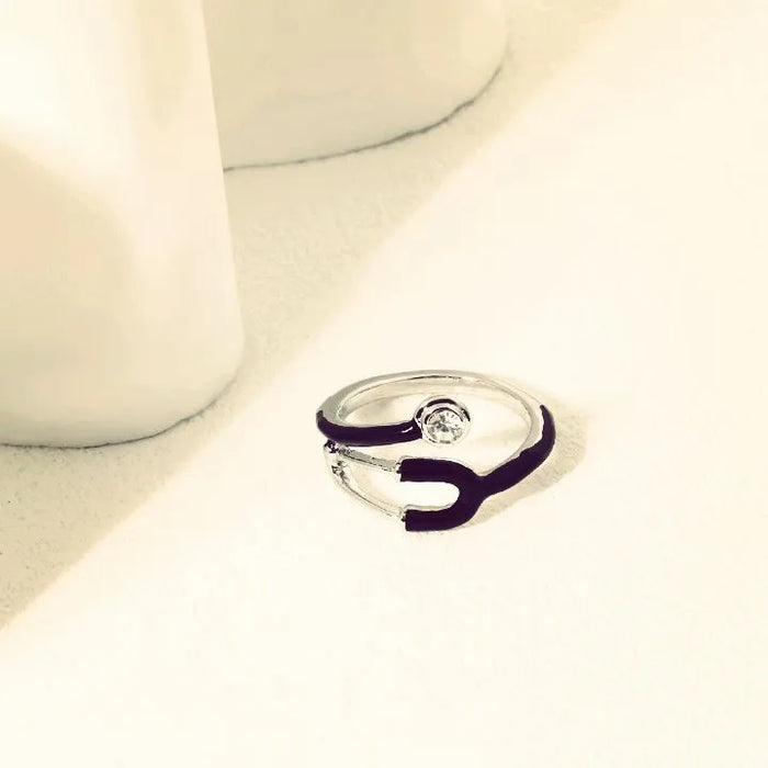 Black Enamel Stethoscope Ring with Crystal for Girls & Women | Doctor Nurse Medical Ring | Luxury Adjustable Fashion Jewelry