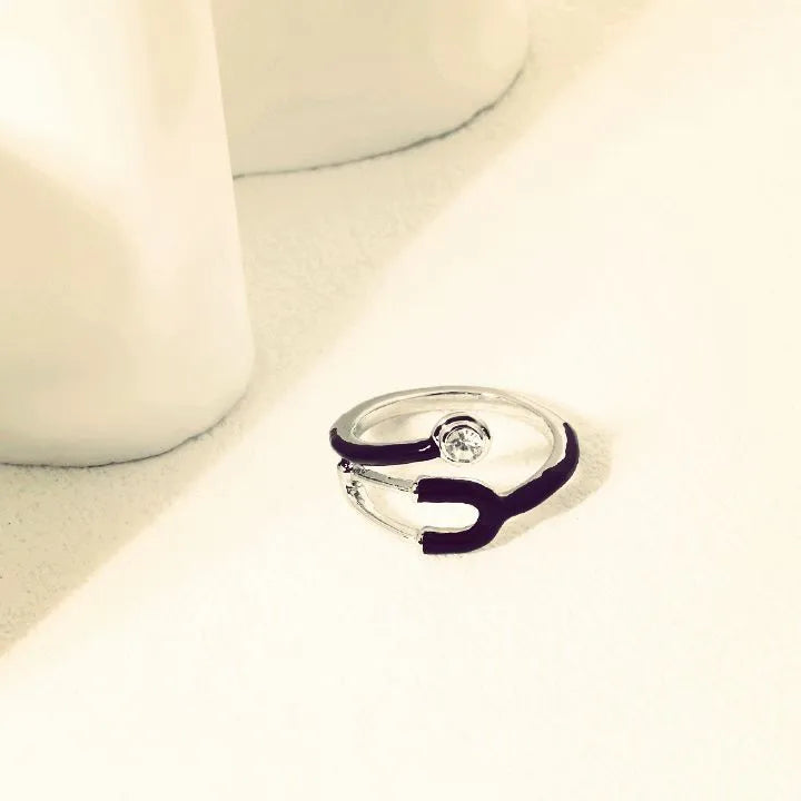 Black Enamel Stethoscope Ring with Crystal for Girls & Women | Doctor Nurse Medical Ring | Luxury Adjustable Fashion Jewelry