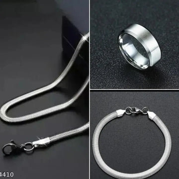 Pack of 3 Silver Stainless Steel Snake Chain Snake Bracelet and Silver ring